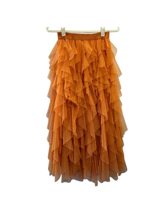 ANTHROPOLOGIE Cherie Ruffled Tulle Midi Skirt Womens XXS Orange Tiered Romantic - Picture 2 of 8